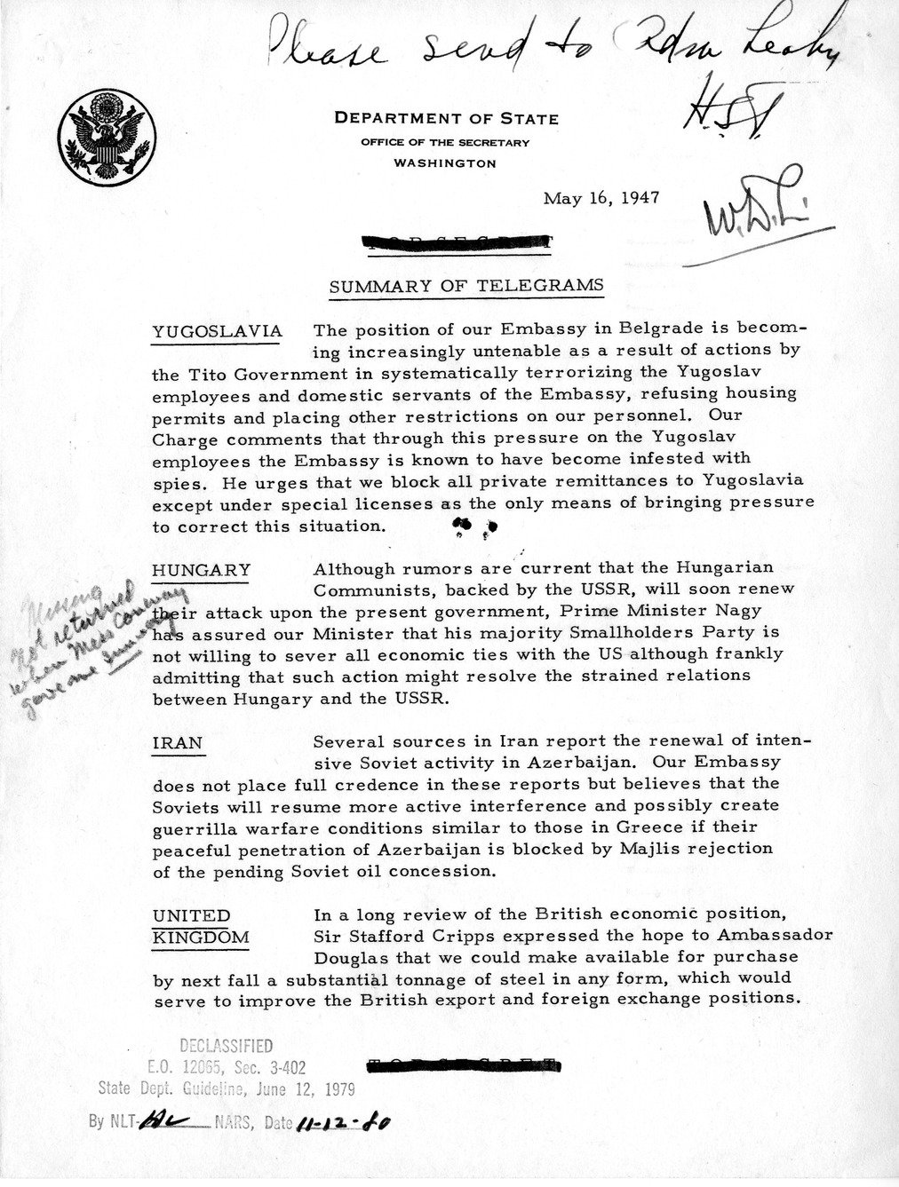 Memorandum, Department of State Summary of Telegrams