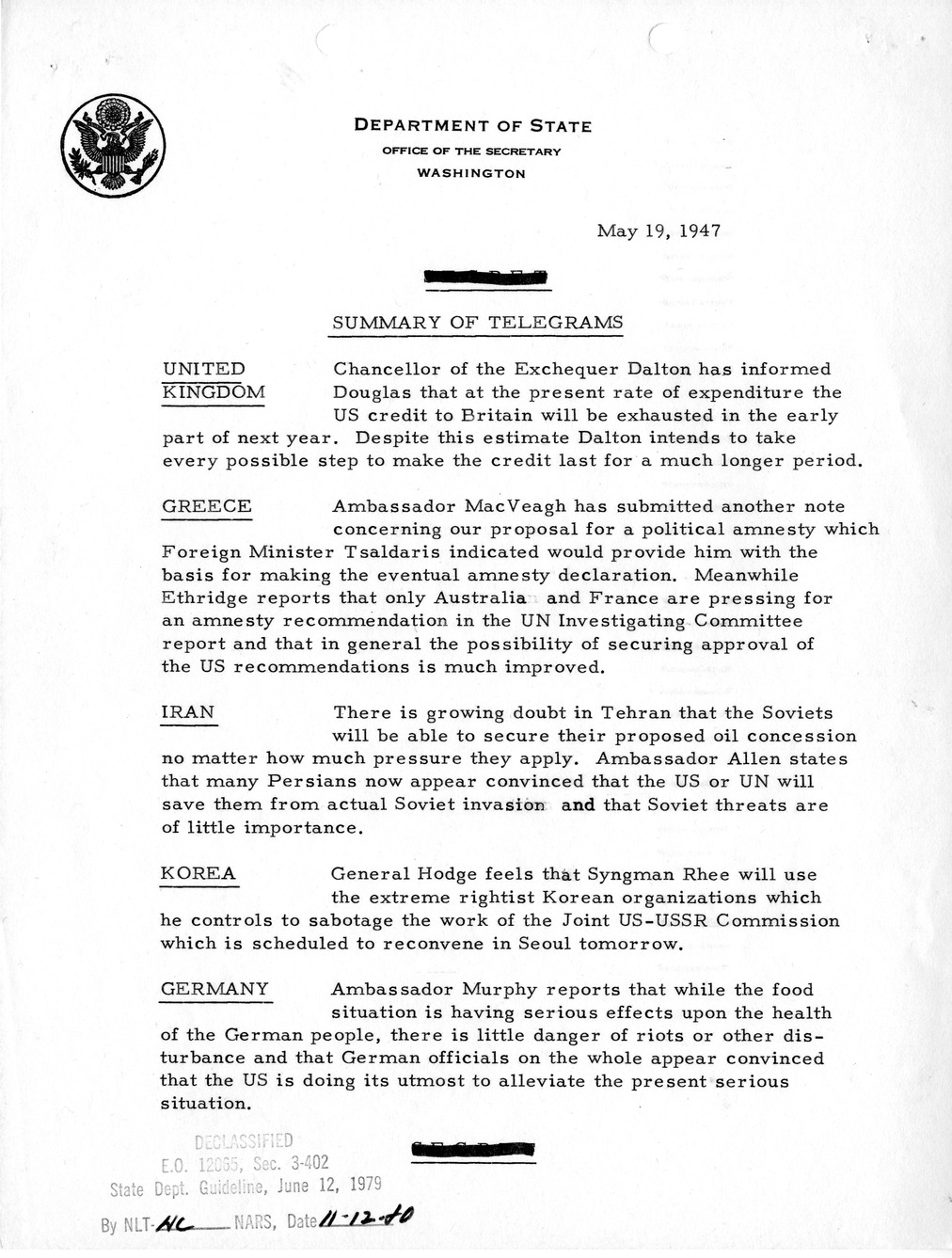 Memorandum, Department of State Summary of Telegrams