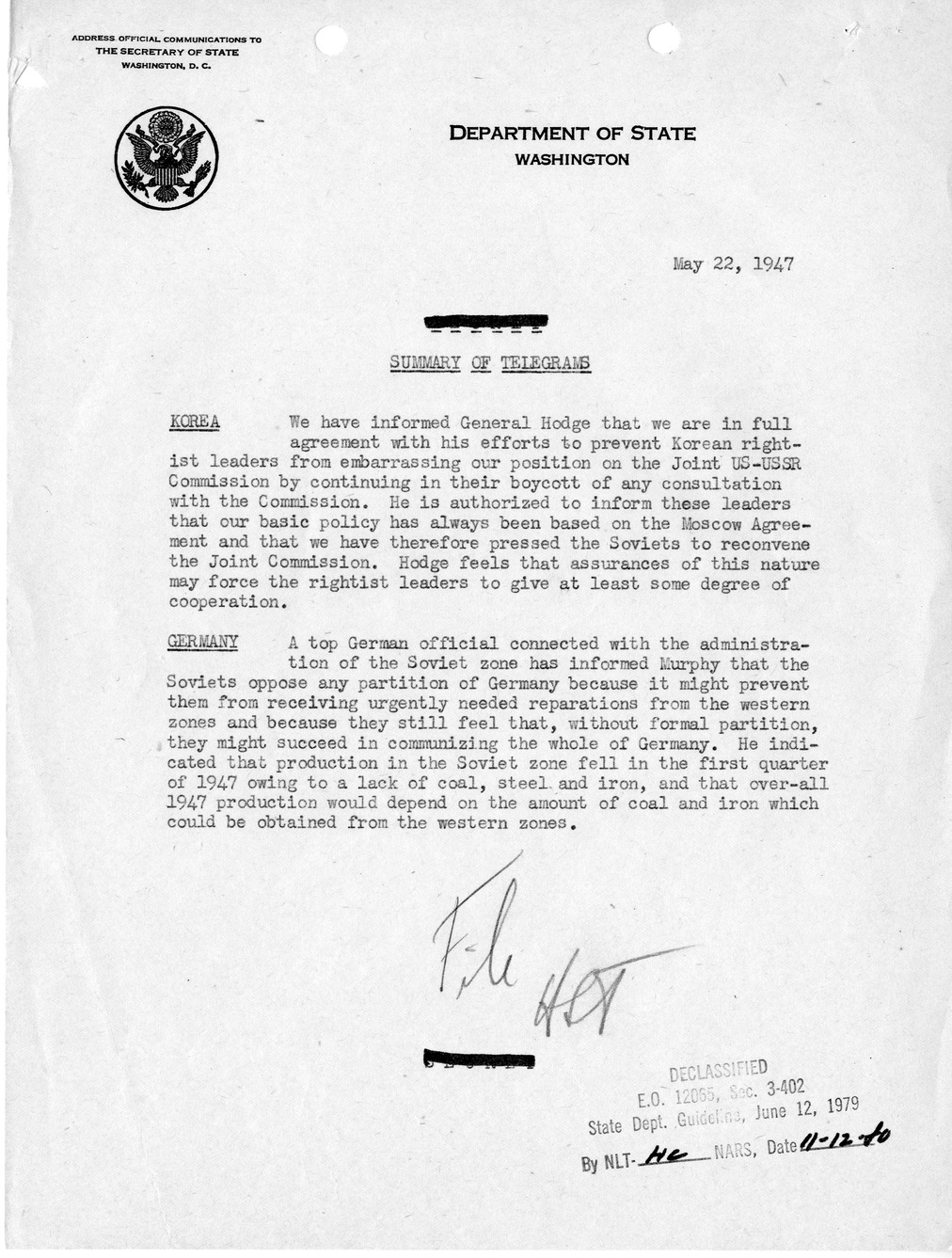 Memorandum, State Department Summary of Telegrams