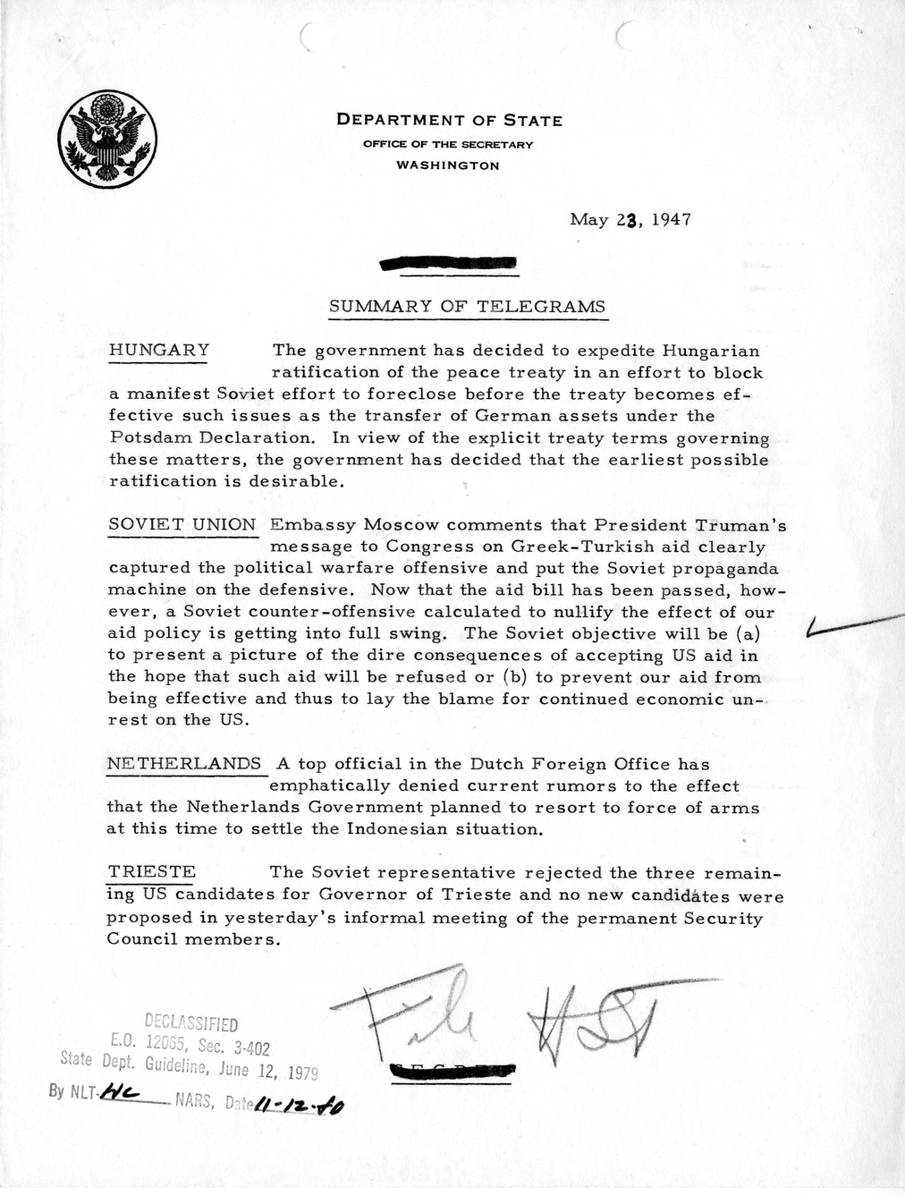 Memorandum, Department of State Summary of Telegrams