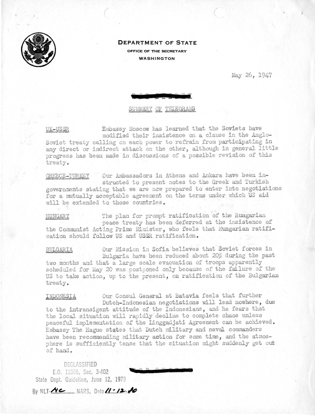 Memorandum, Department of State Summary of Telegrams