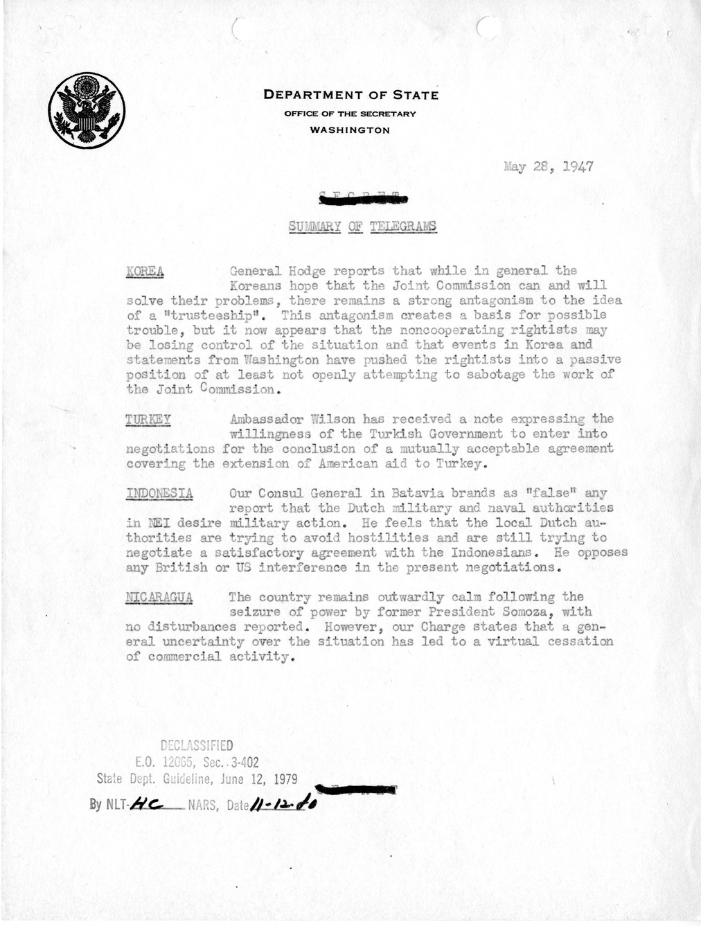 Memorandum, Department of State Summary of Telegrams