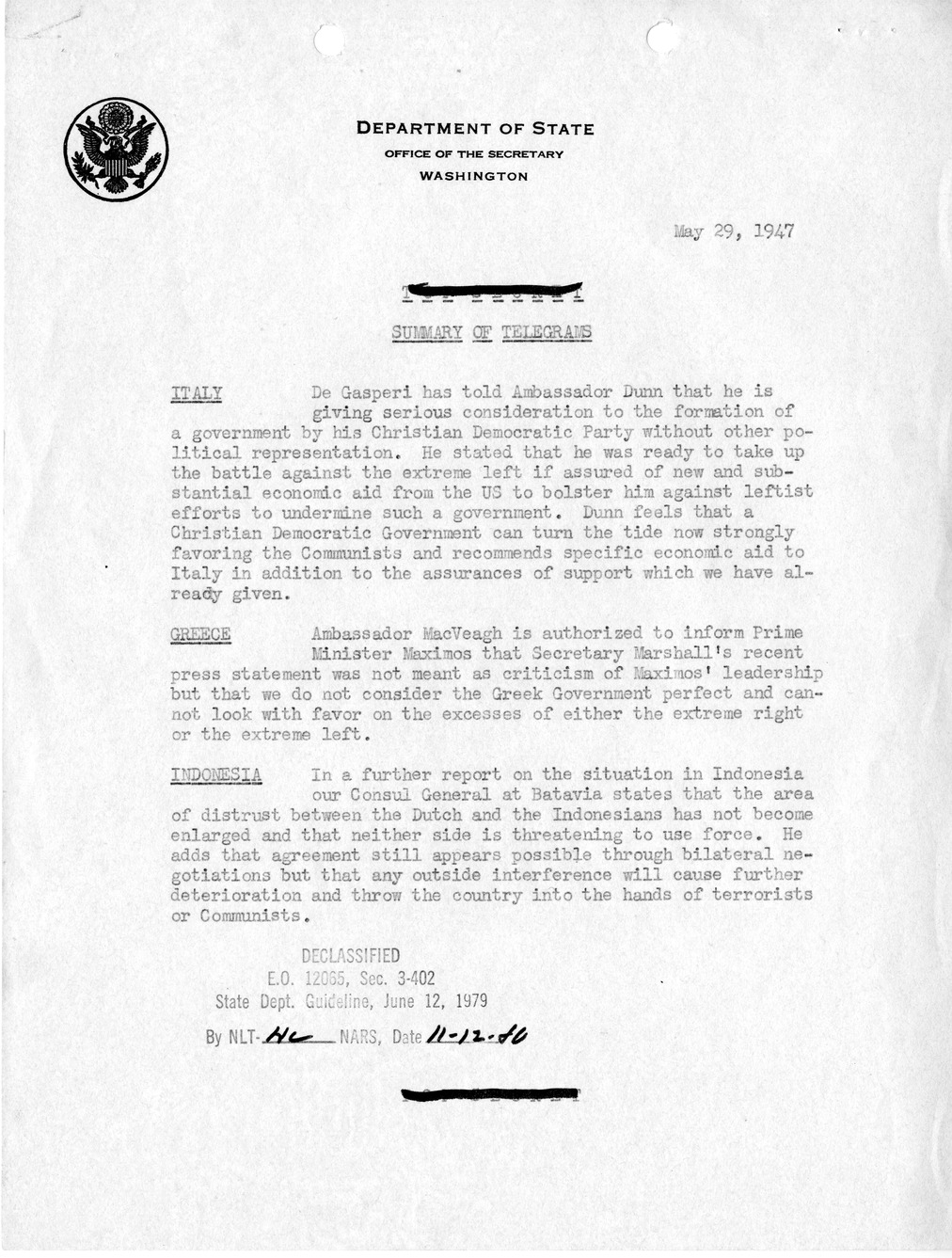 Memorandum, State Department Summary of Telegrams