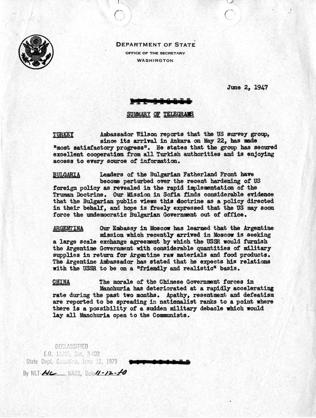 Memorandum, Department of State Summary of Telegrams