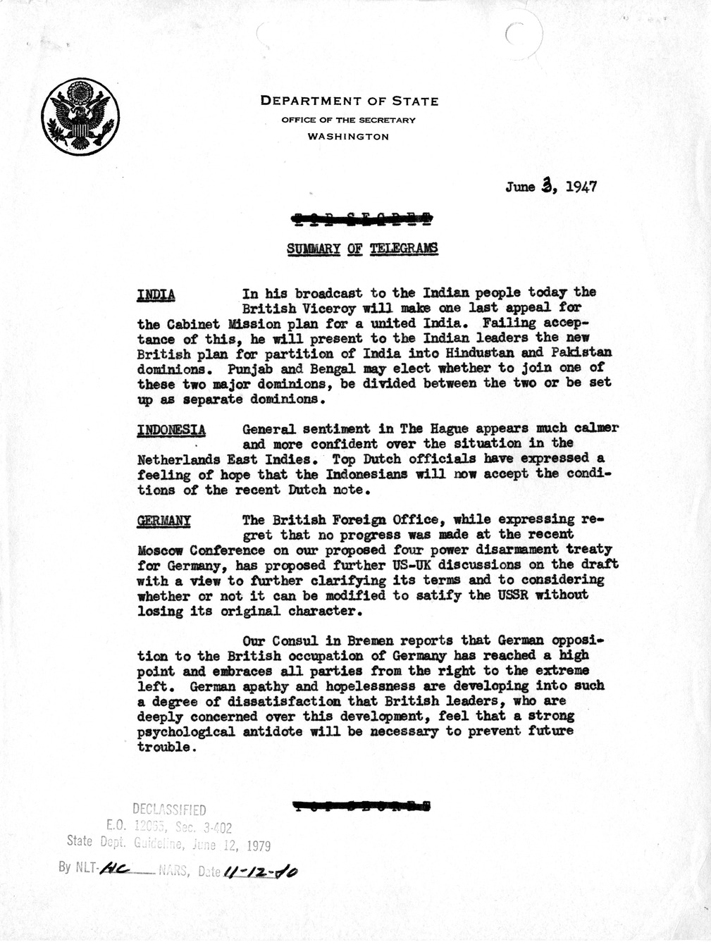 Memorandum, Department of State Summary of Telegrams