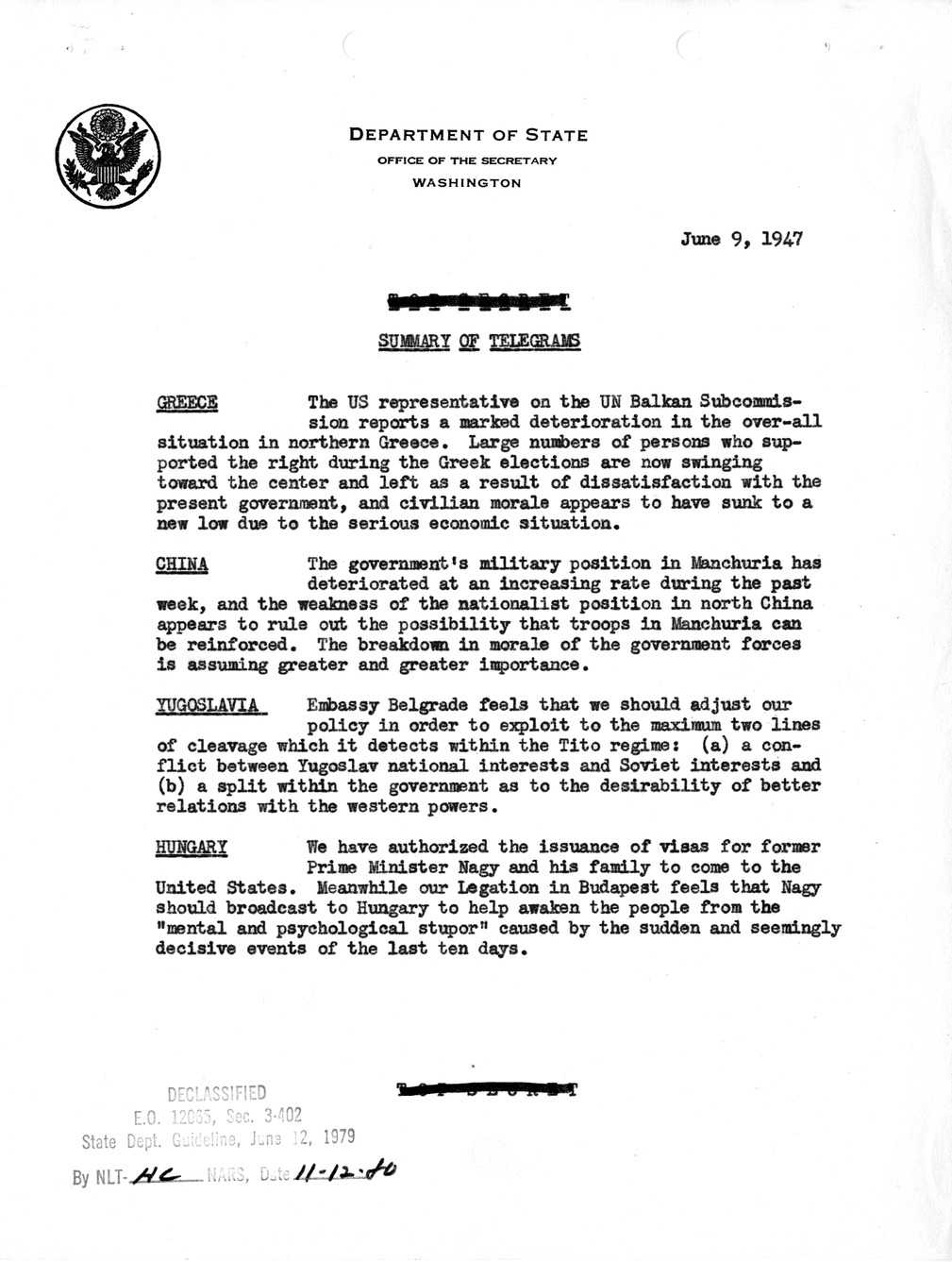 Memorandum, Department of State Summary of Telegrams