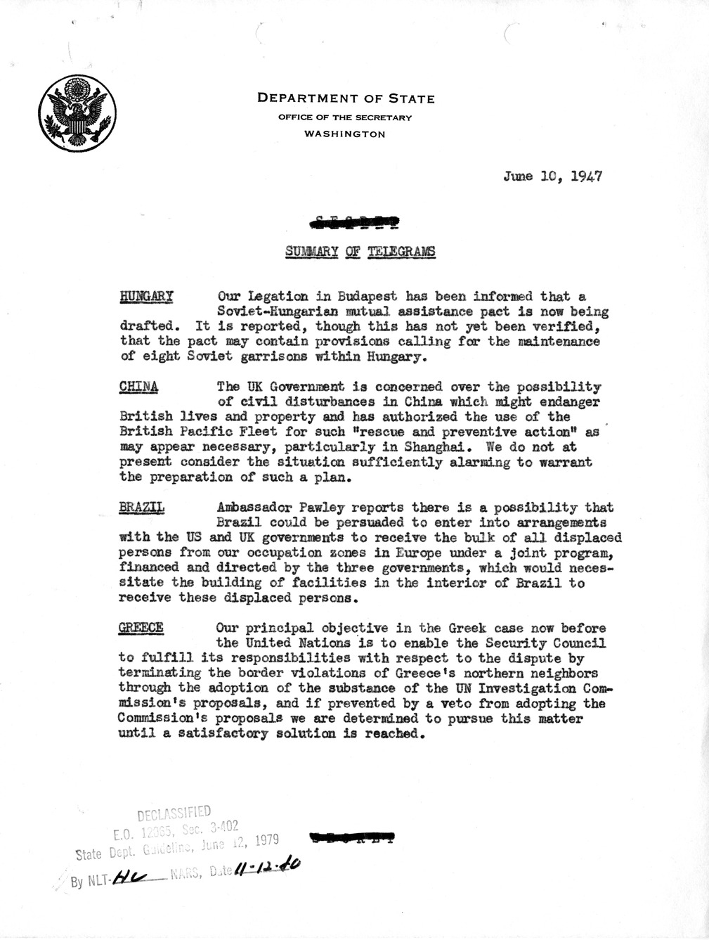 Memorandum, Department of State Summary of Telegrams