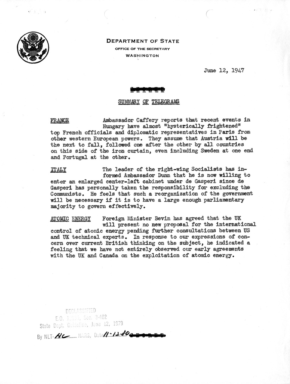 Memorandum, Department of State Summary of Telegrams