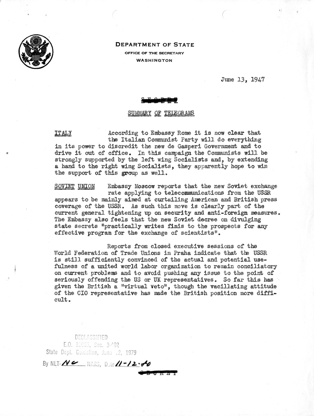Memorandum, Department of State Summary of Telegrams