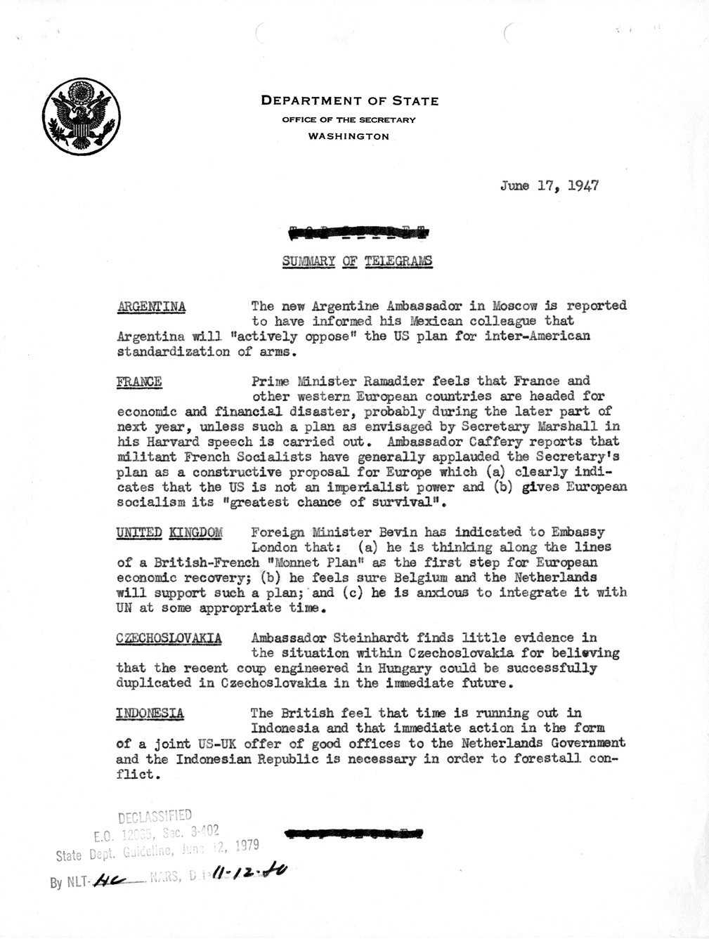 Memorandum, Department of State Summary of Telegrams