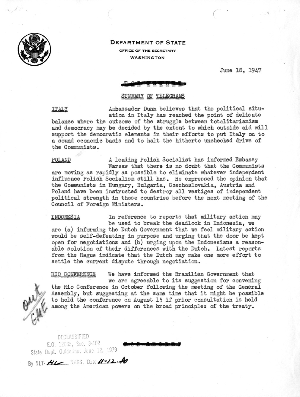 Memorandum, Department of State Summary of Telegrams