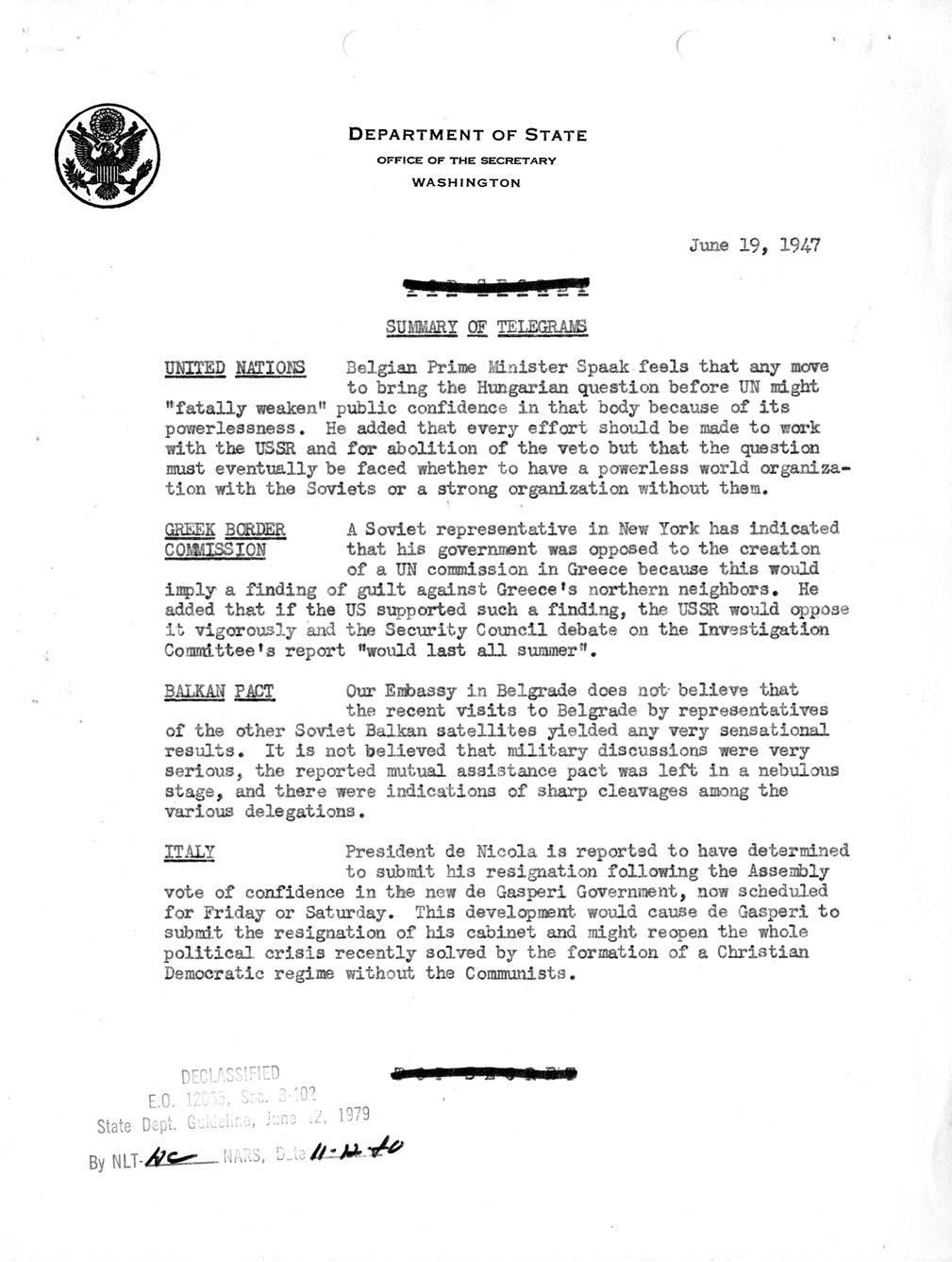 Memorandum, Department of State Summary of Telegrams