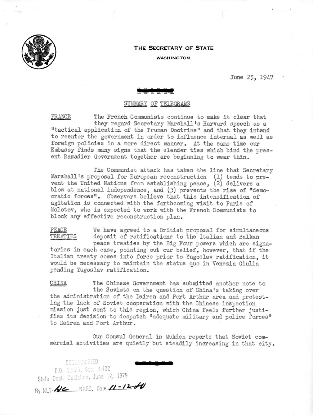 Memorandum, Department of State Summary of Telegrams