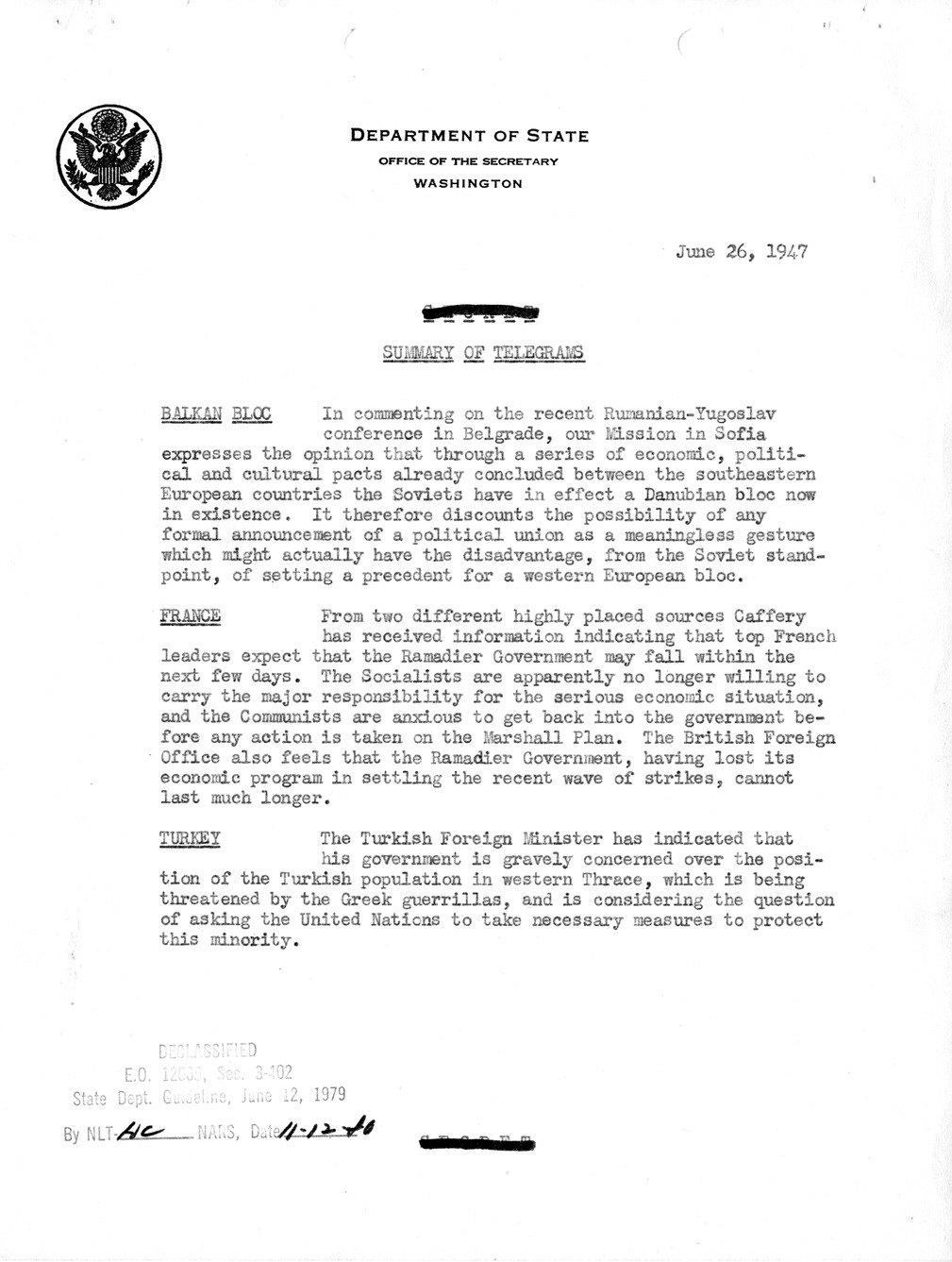 Memorandum, Department of State Summary of Telegrams