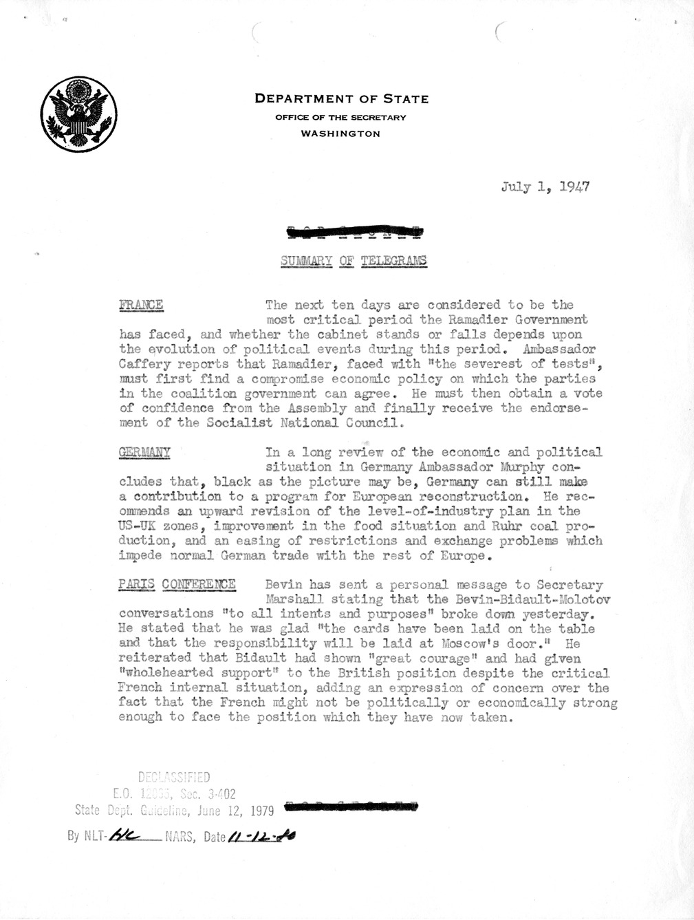 Memorandum, Department of State Summary of Telegrams