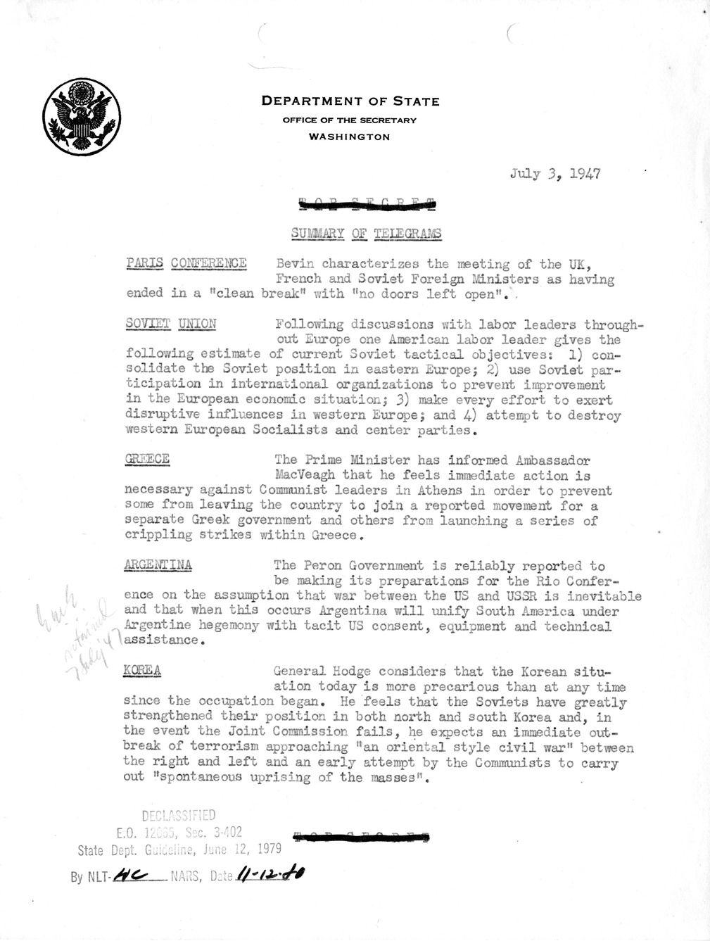 Memorandum, Department of State Summary of Telegrams