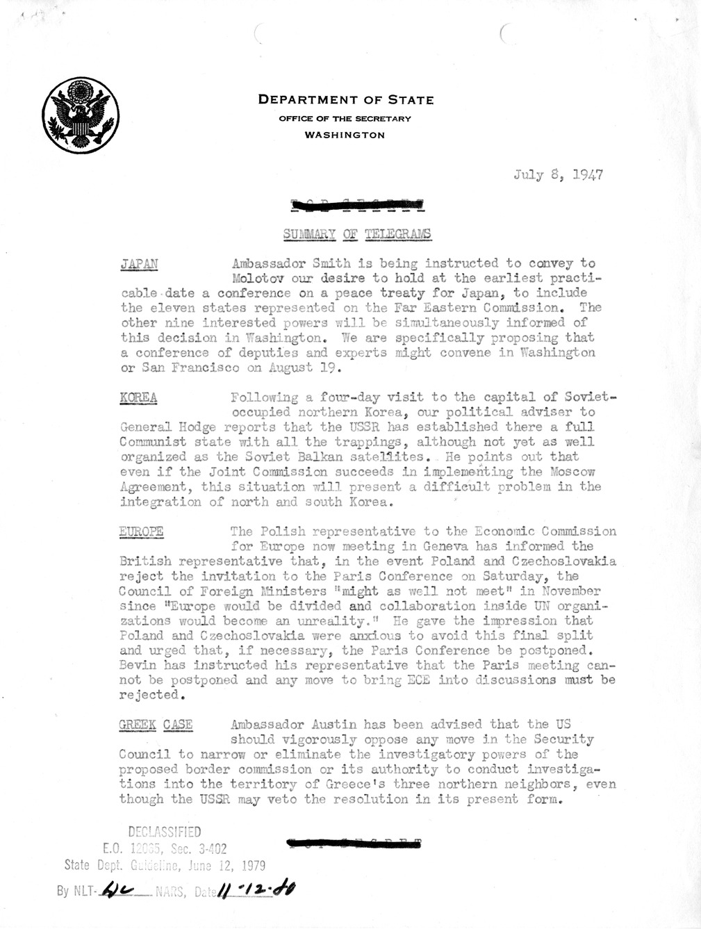 Memorandum, Department of State Summary of Telegrams