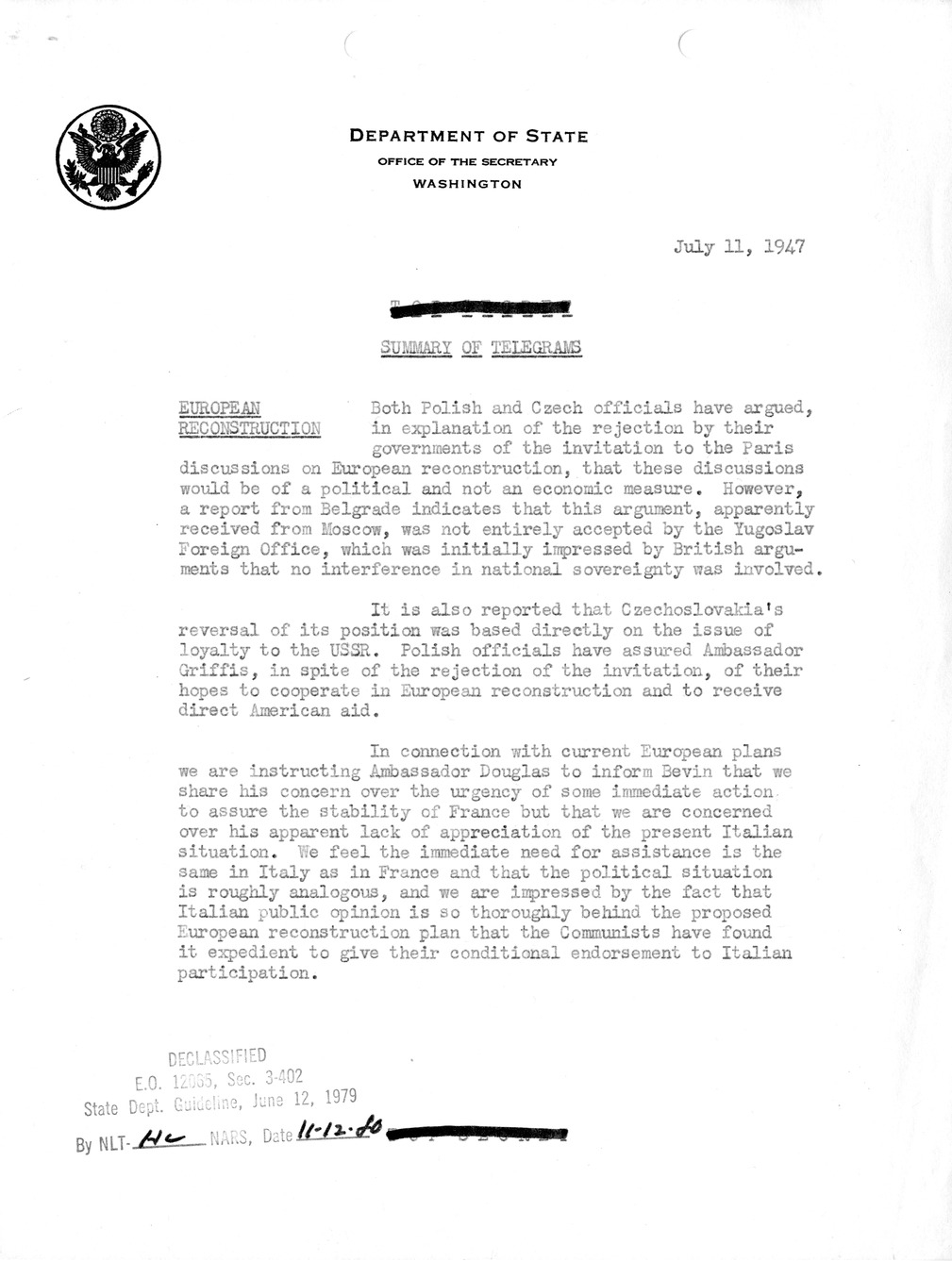 Memorandum, Department of State Summary of Telegrams