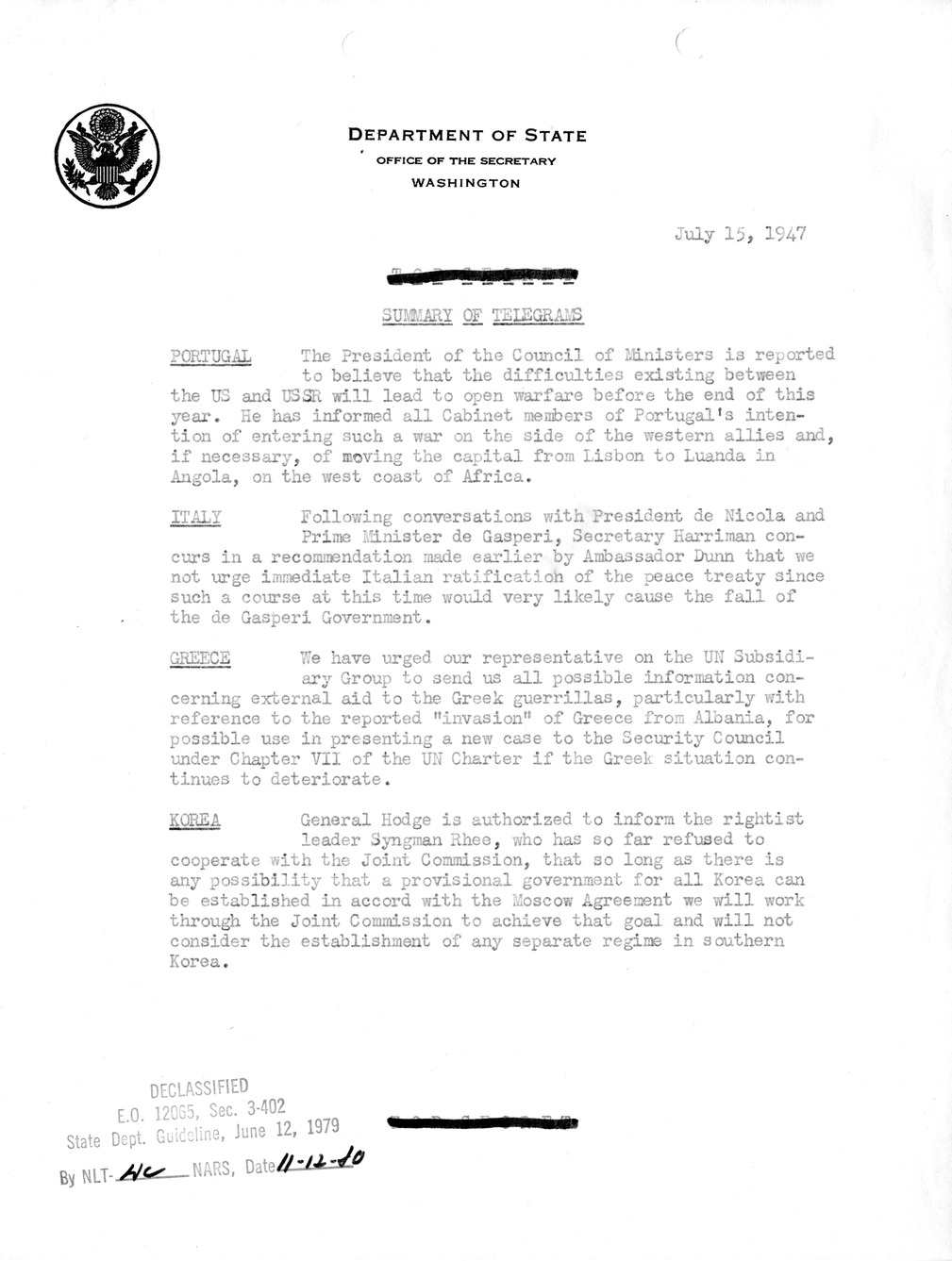 Memorandum, Department of State Summary of Telegrams