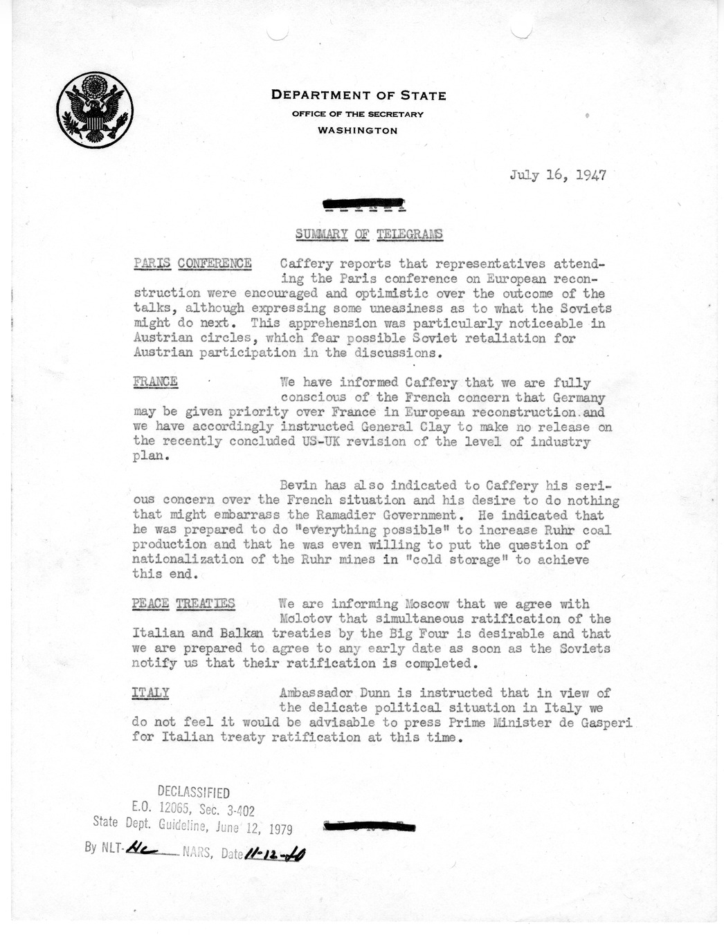 Memorandum, Department of State Summary of Telegrams