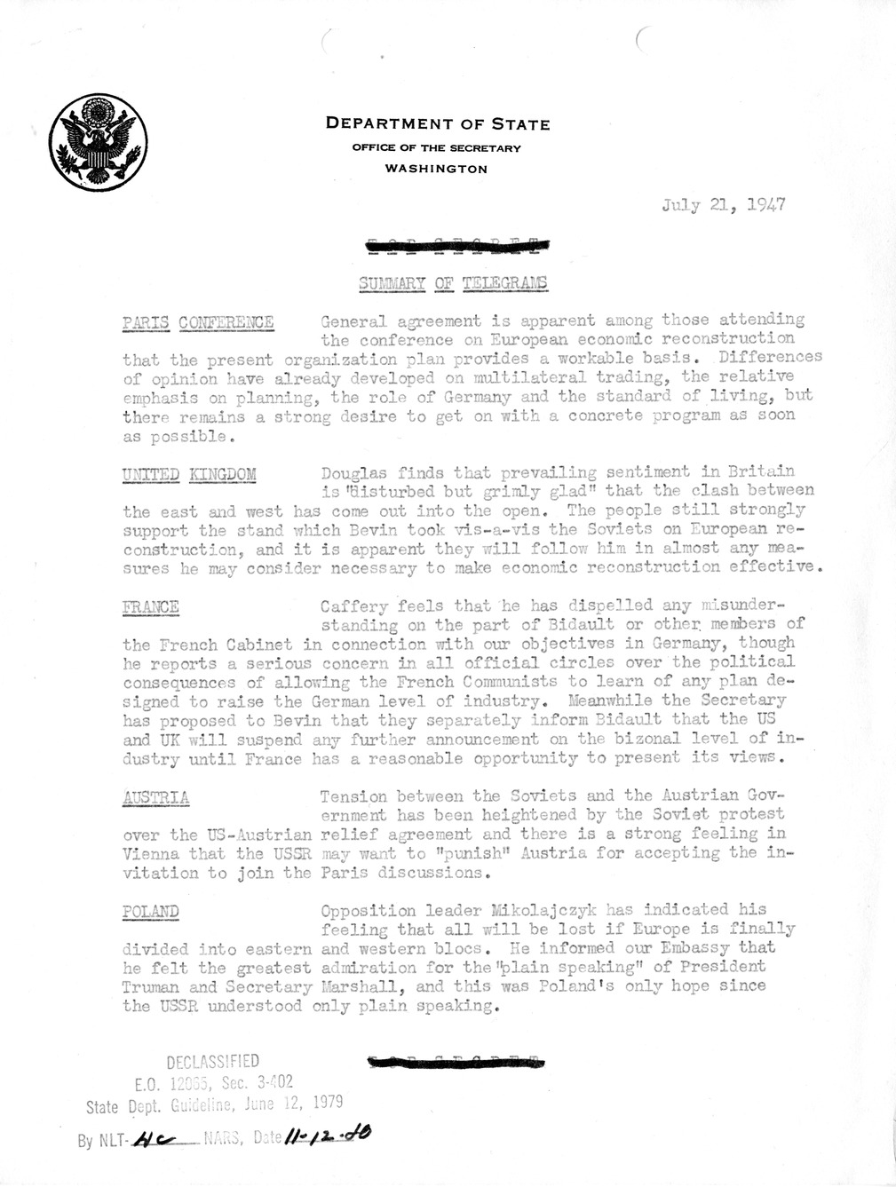 Memorandum, Department of State Summary of Telegrams