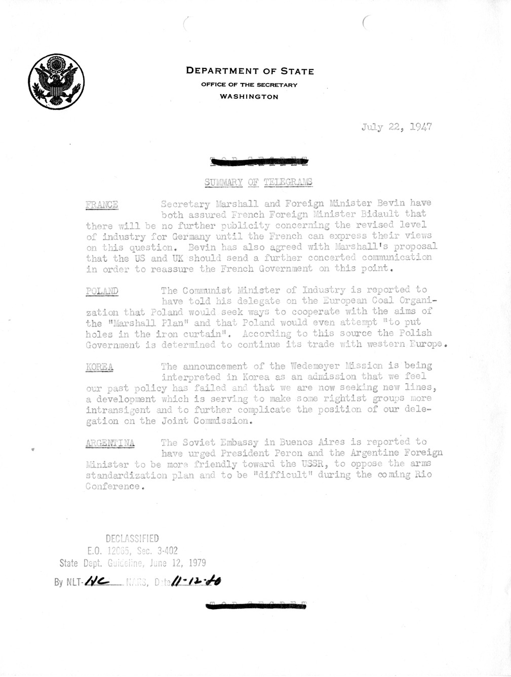 Memorandum, Department of State Summary of Telegrams