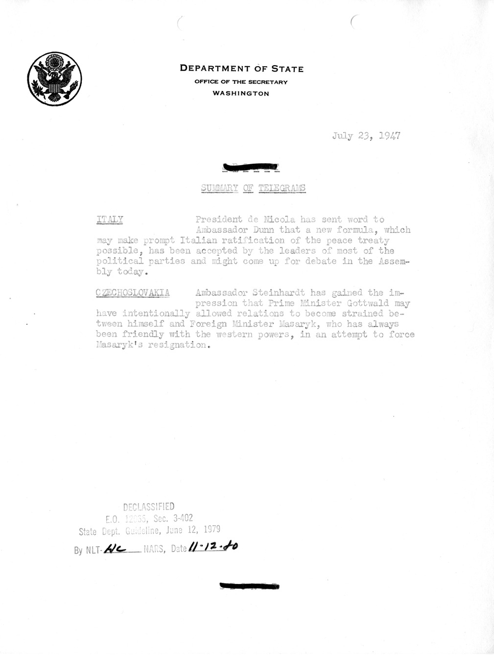 Memorandum, Department of State Summary of Telegrams