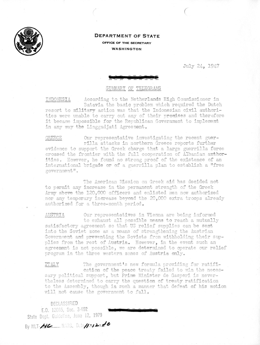 Memorandum, Department of State Summary of Telegrams