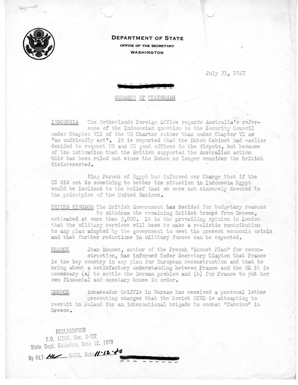 Memorandum, Department of State Summary of Telegrams