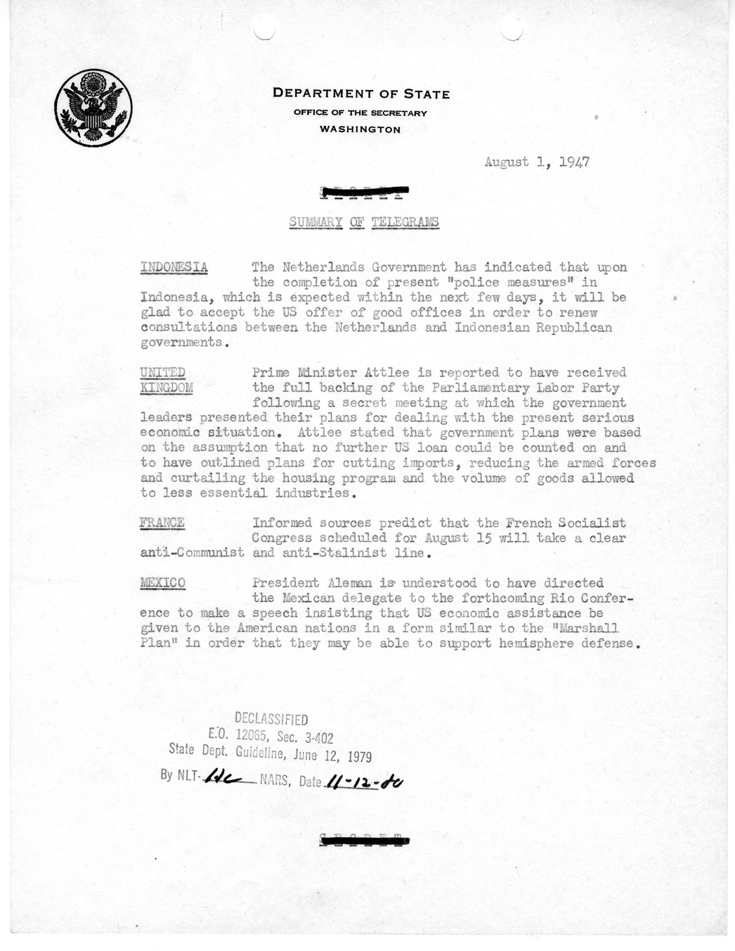 Memorandum, Department of State Summary of Telegrams