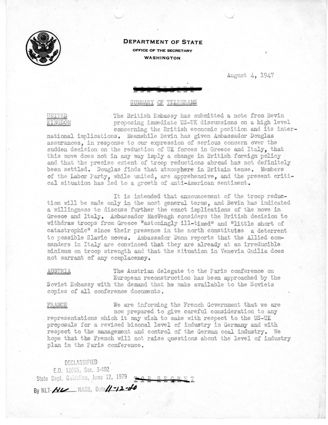 Memorandum, Department of State Summary of Telegrams