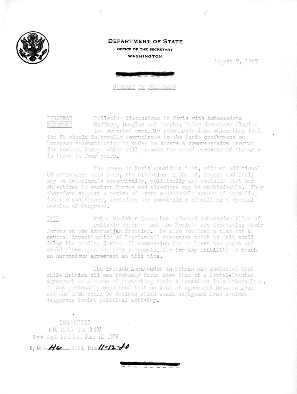 Memorandum, State Department Summary of Telegrams