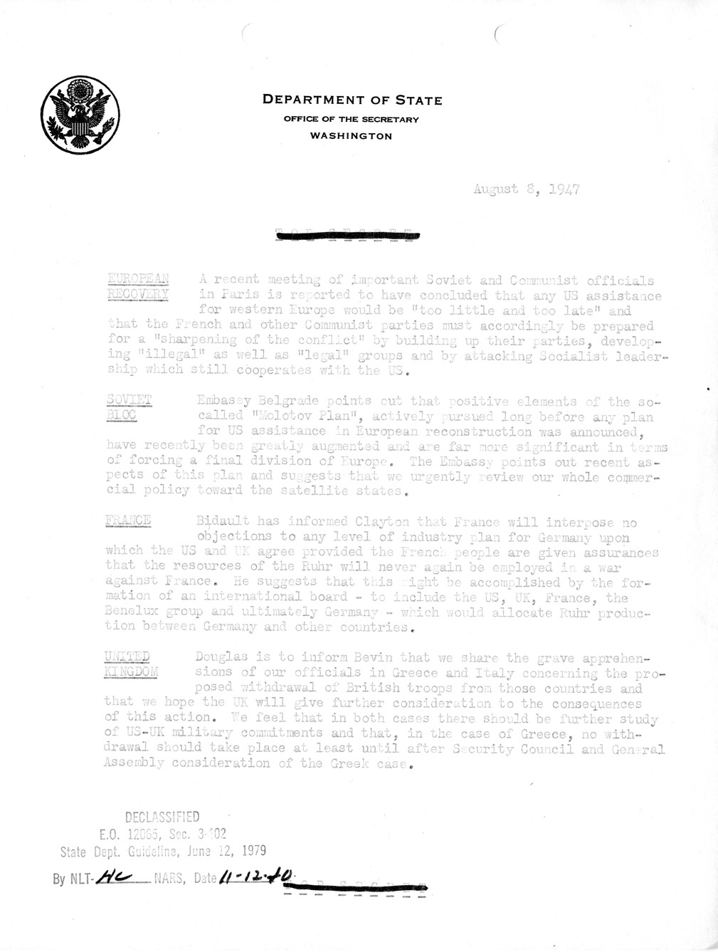 Memorandum, Department of State Summary of Telegrams
