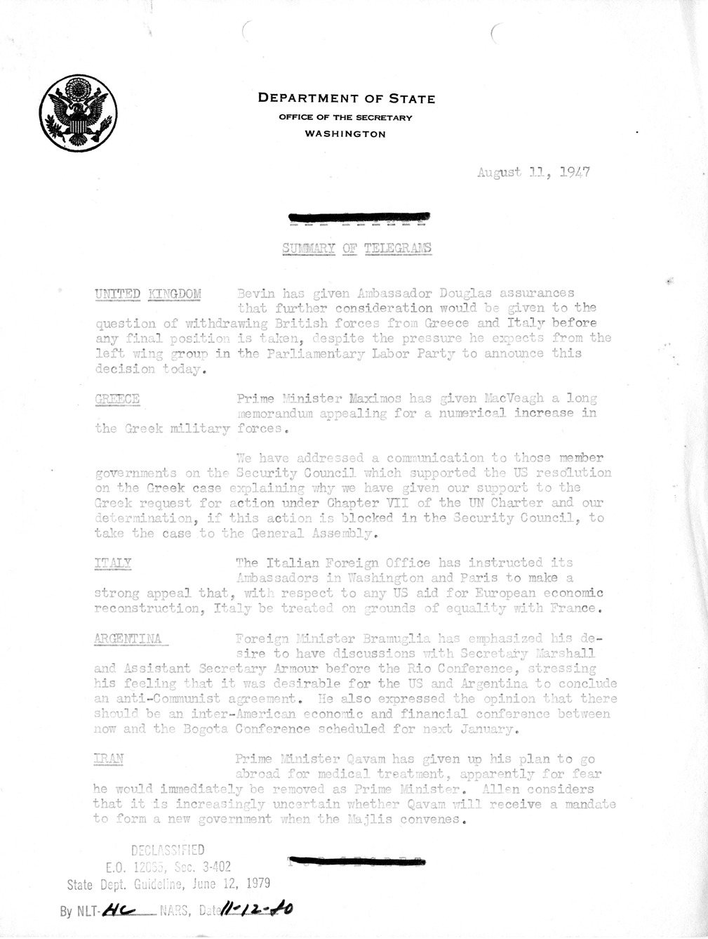 Memorandum, Department of State Summary of Telegrams