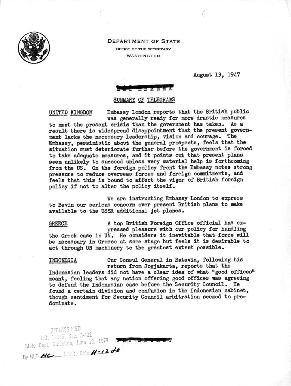 Memorandum, Department of State Summary of Telegrams