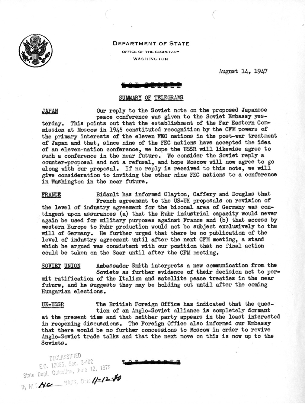 Memorandum, Department of State Summary of Telegrams