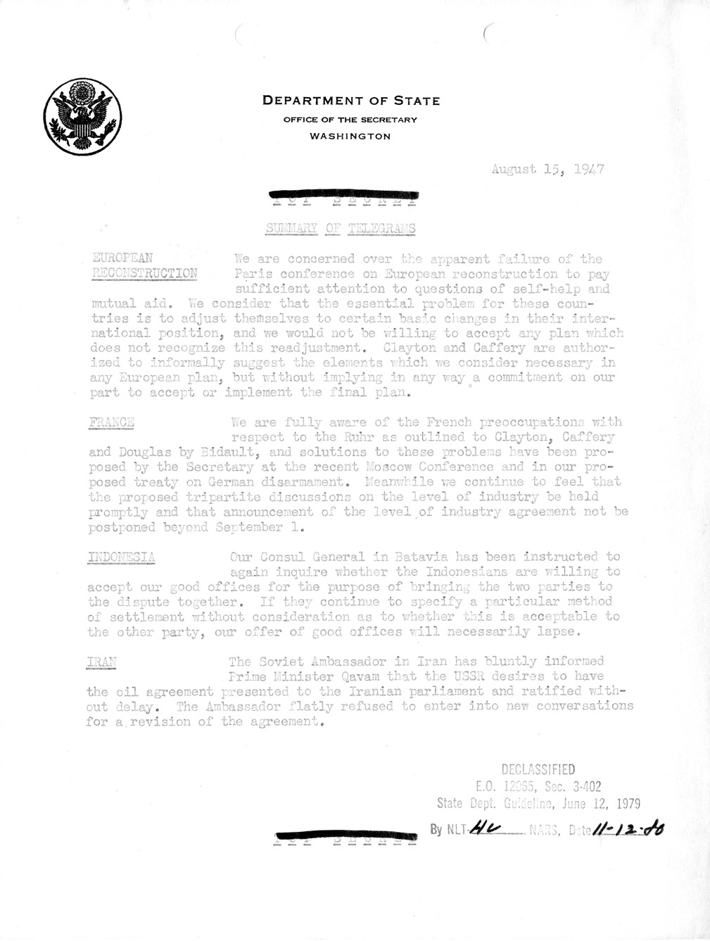 Memorandum, Department of State Summary of Telegrams