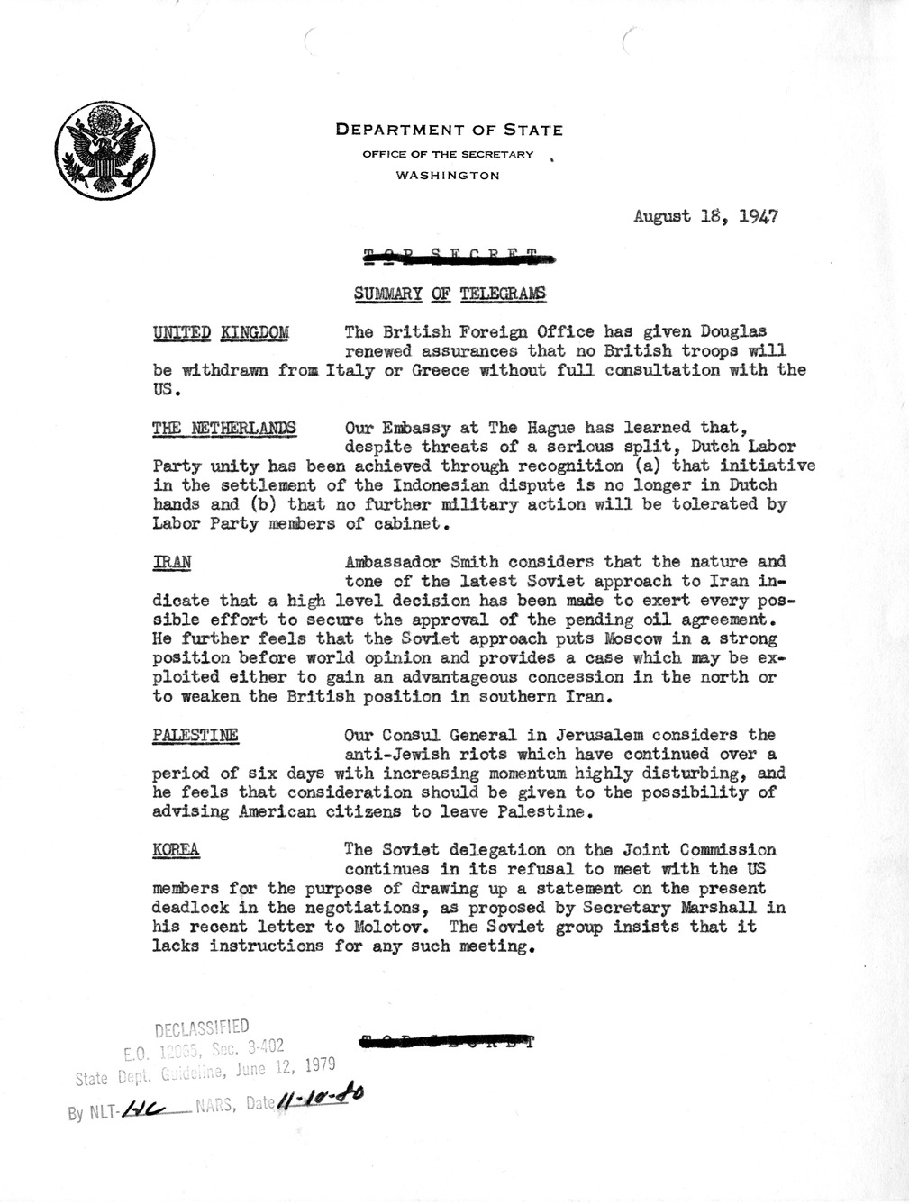 Memorandum, Department of State Summary of Telegrams