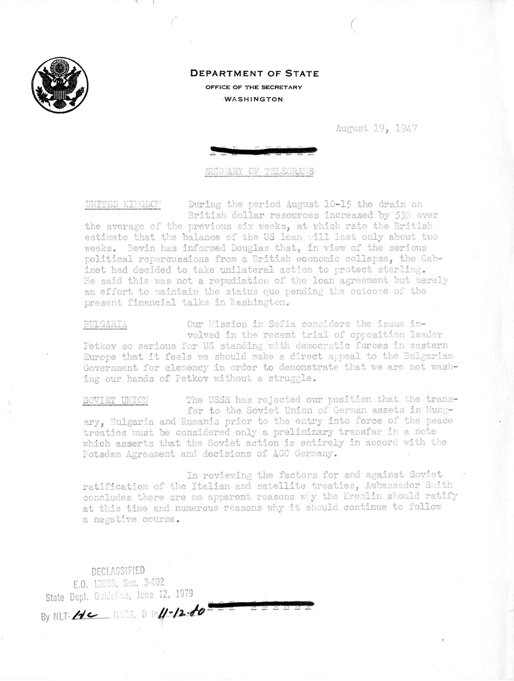 Memorandum, Department of State Summary of Telegrams