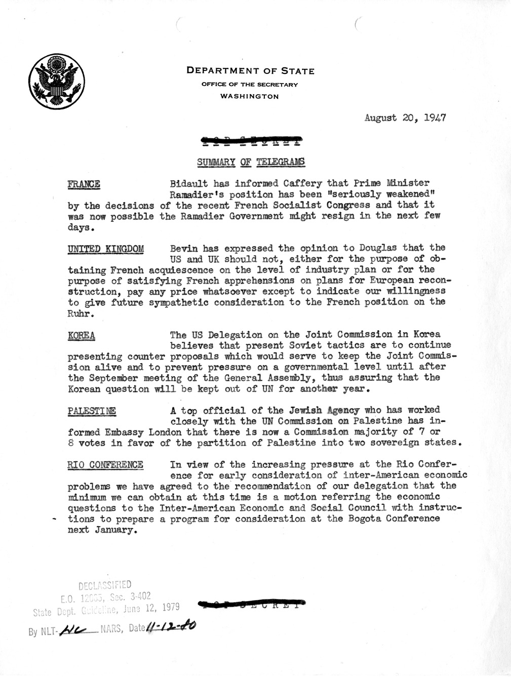 Memorandum, Department of State Summary of Telegrams