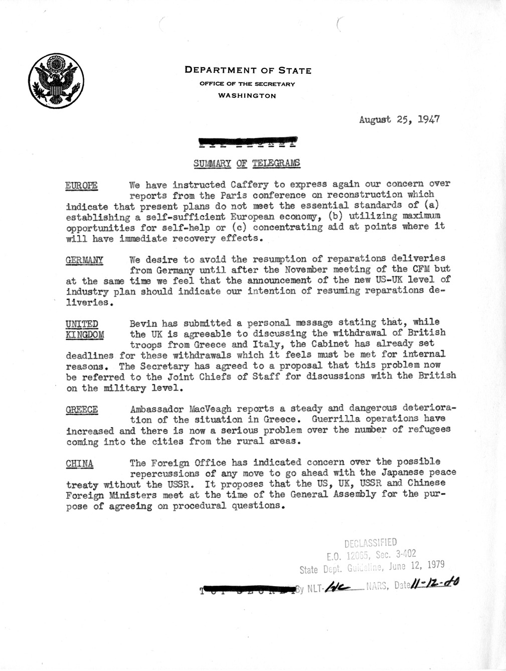 Memorandum, Department of State Summary of Telegrams