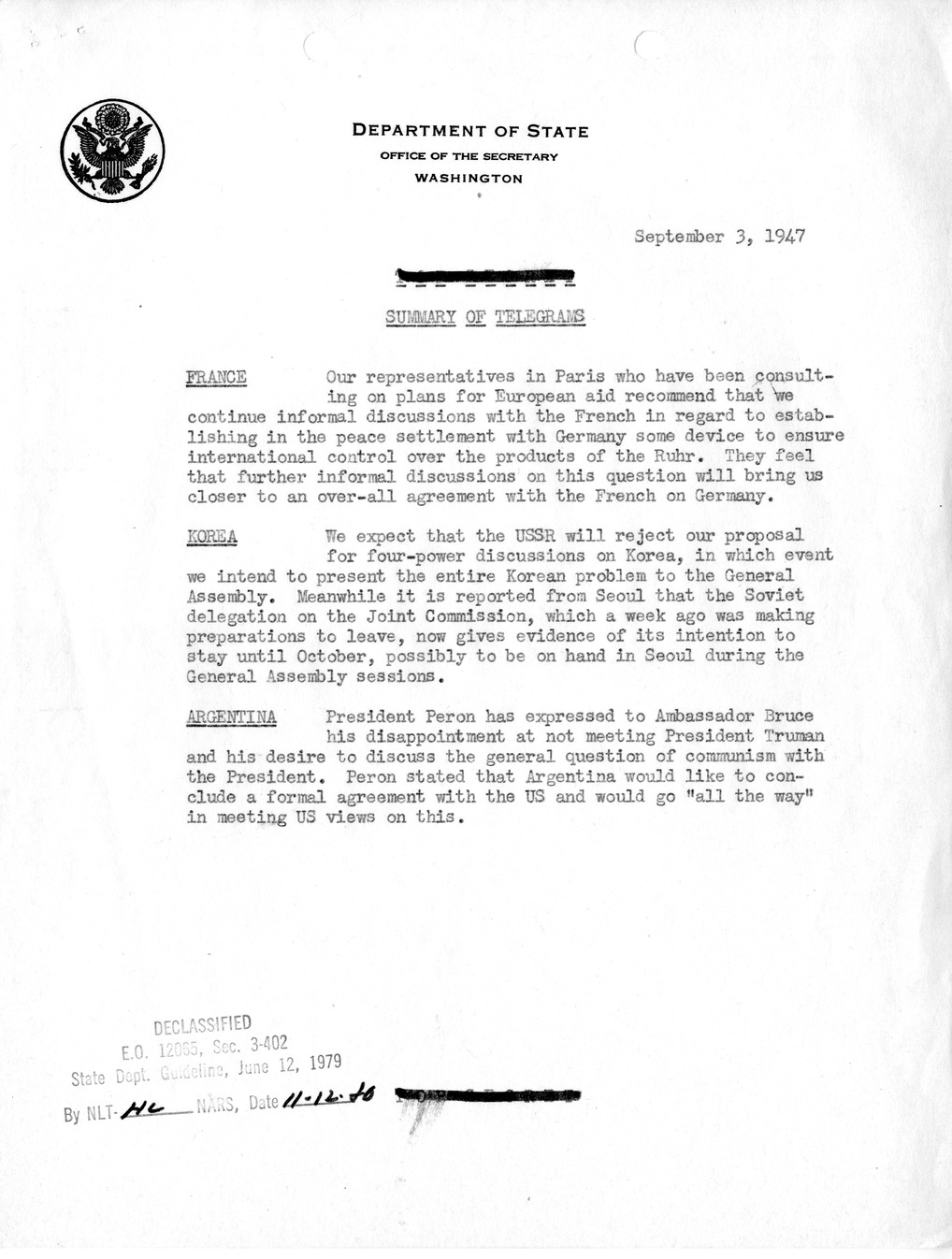 Memorandum, Department of State Summary of Telegrams