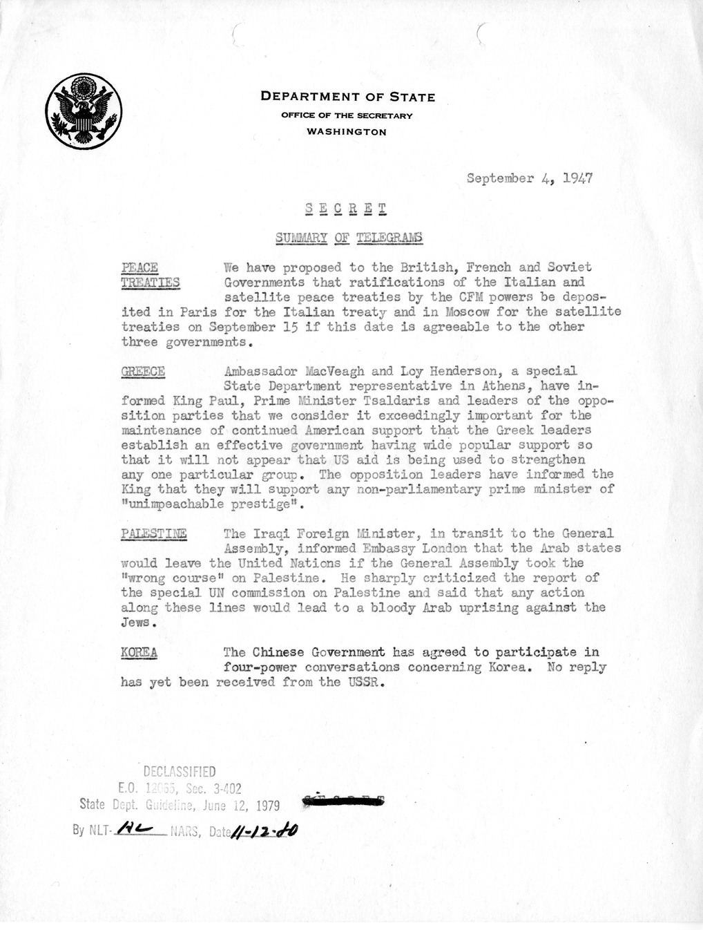 Memorandum, Department of State Summary of Telegrams
