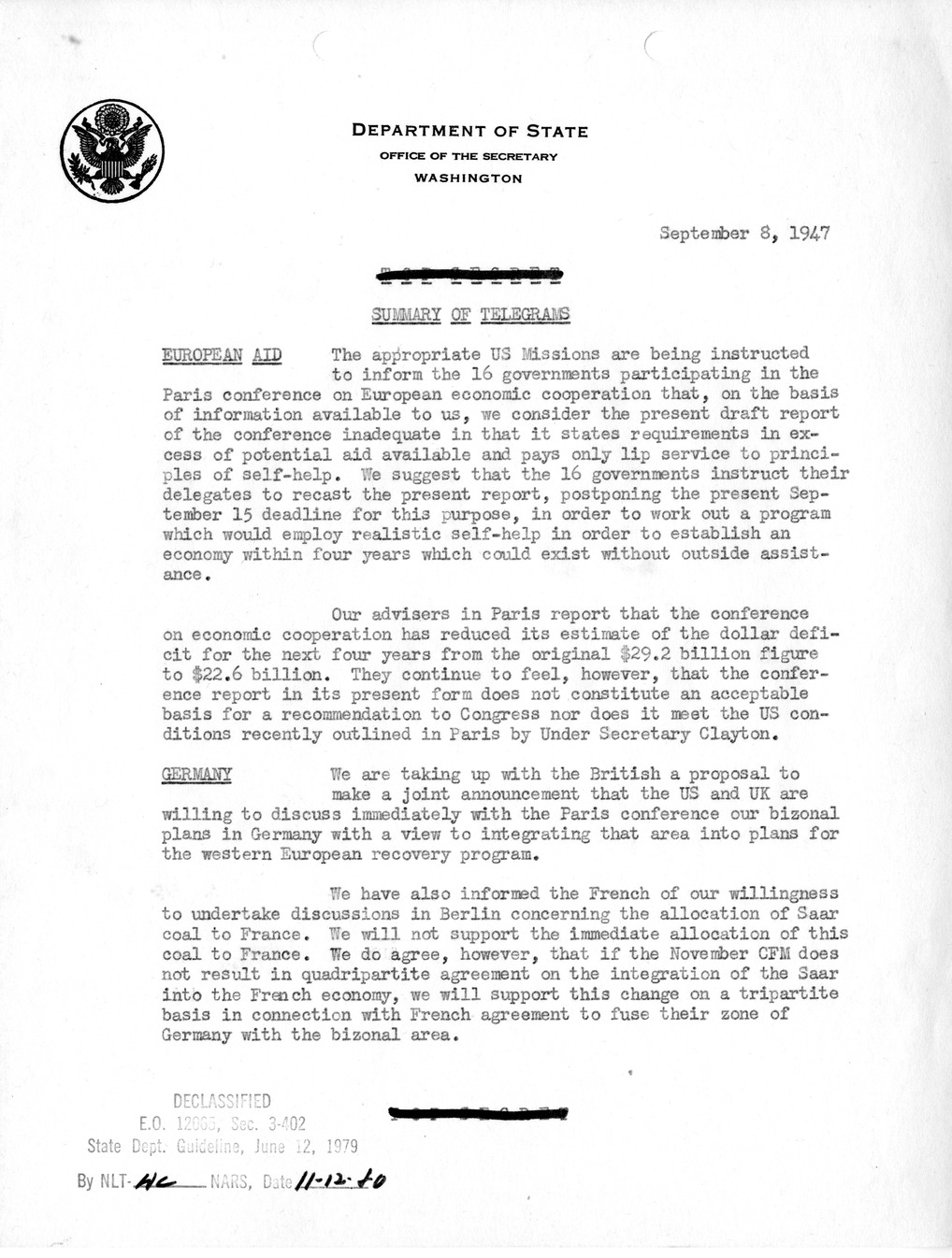 Memorandum, Department of State Summary of Telegrams