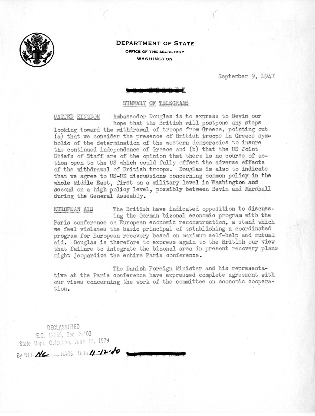 Memorandum, Department of State Summary of Telegrams
