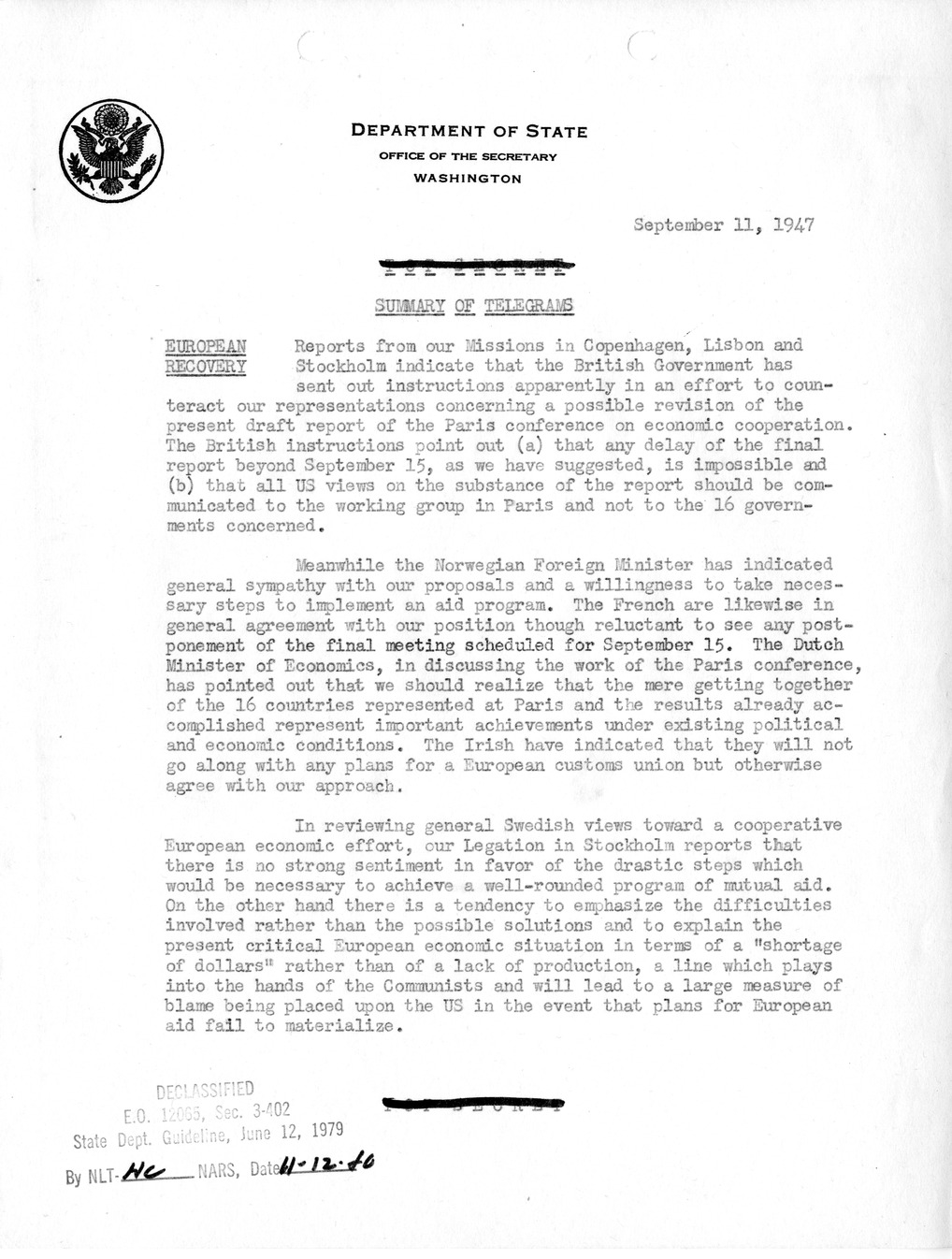 Memorandum, Department of State Summary of Telegrams