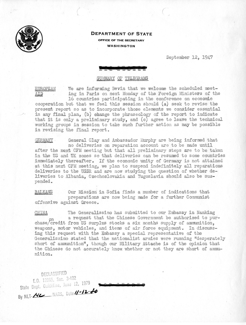 Memorandum, Department of State Summary of Telegrams