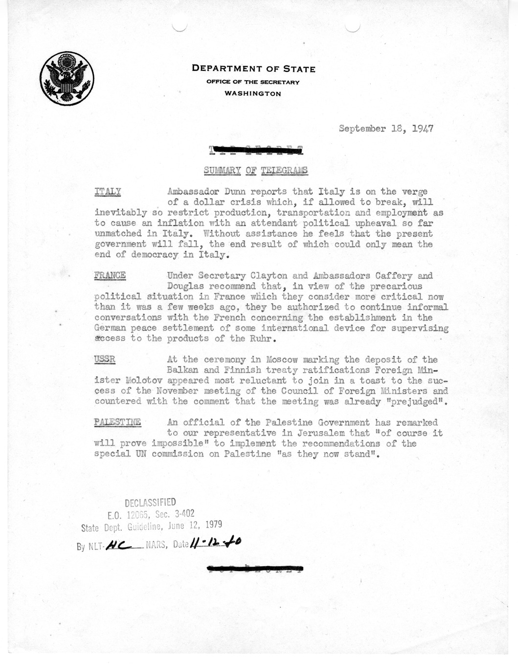 Memorandum, Department of State Summary of Telegrams