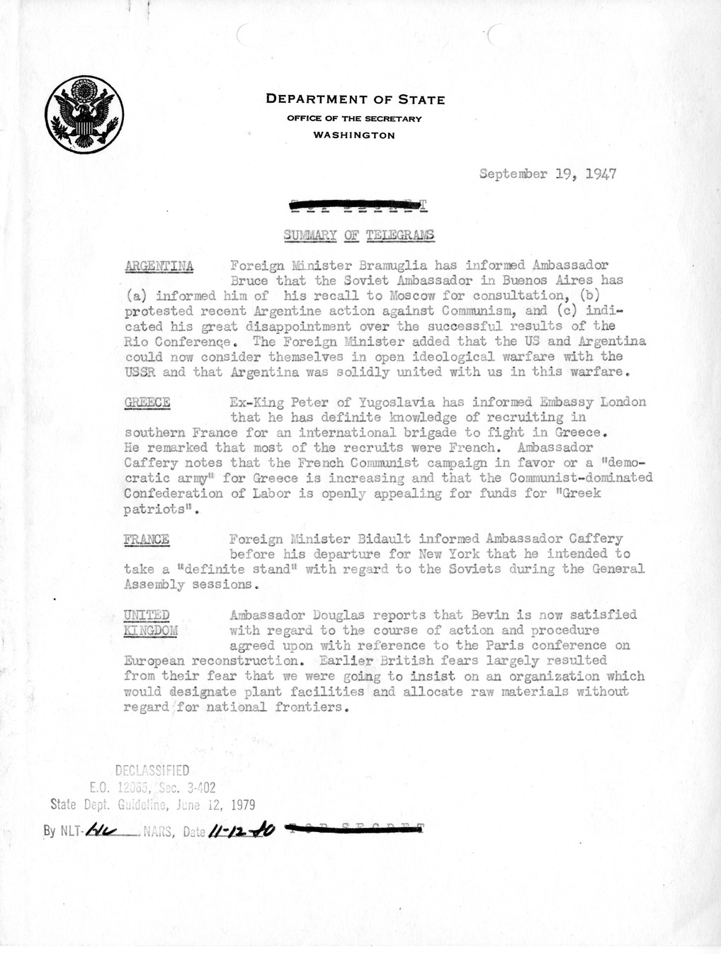 Memorandum, Department of State Summary of Telegrams