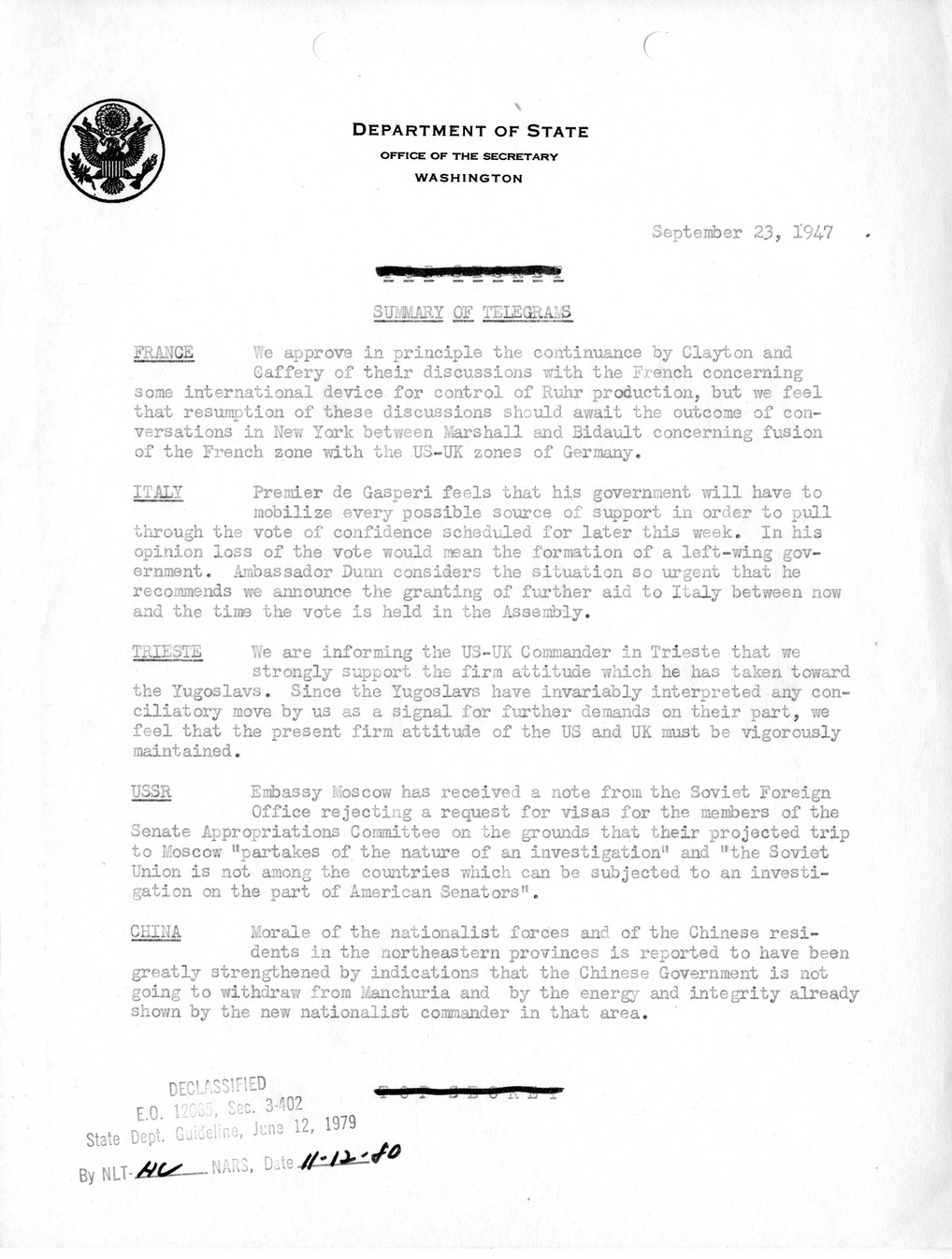 Memorandum, Department of State Summary of Telegrams